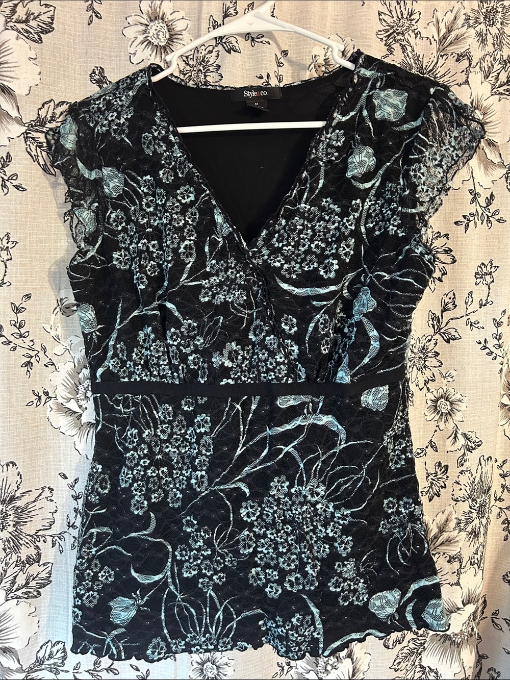 Style & Co. Black Lace V-Neck Top with Teal Floral Embroidery